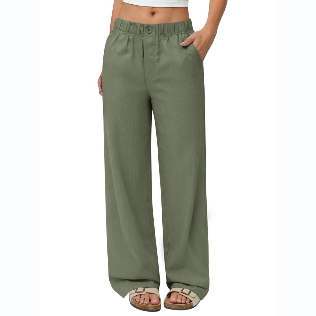 Women's Summer Casual Loose-Fit Flowy Linen Beach Pants With Pockets And Wide Legs