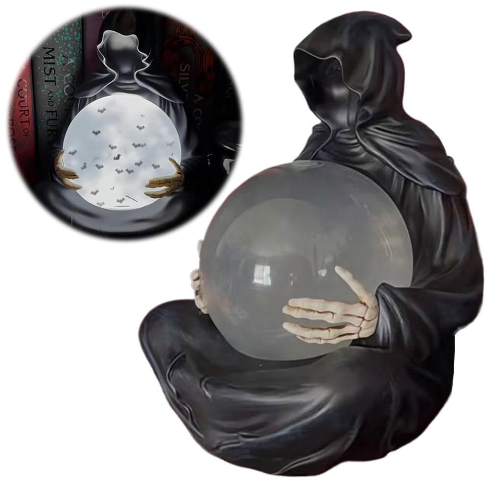 LED Halloween Decoration Crystal Ball USB Charging Death God Crystal Ball Resin Spooky Sculpture Ornament for Desktop Decor