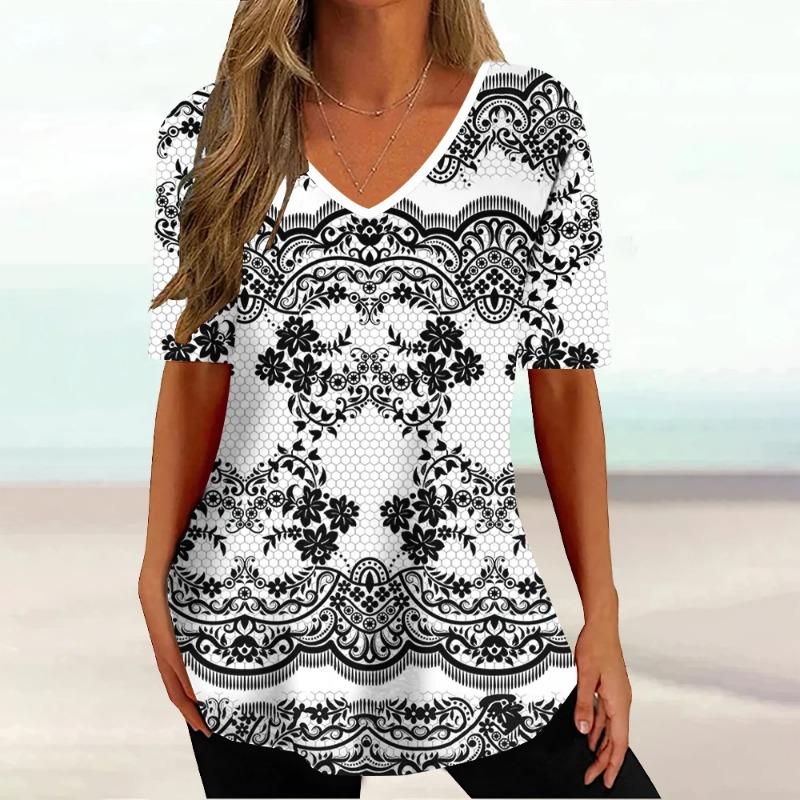 Summer V-neck 3D Retro Printed Top Fashionable Casual Short Sleeved Women's T-shirts