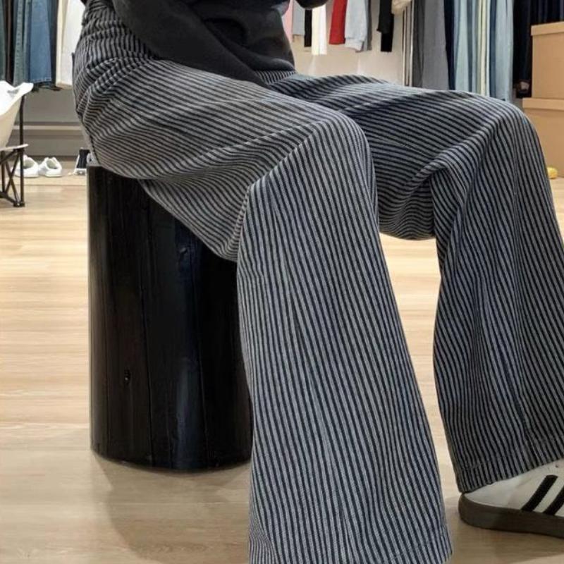 American Vintage Extra dlouhé pruhované džíny se širokými nohavicemi pro ženy - S vysokým pasem, volný střih, zeštíhlující rovné nohavice po zem (Podzim zima)