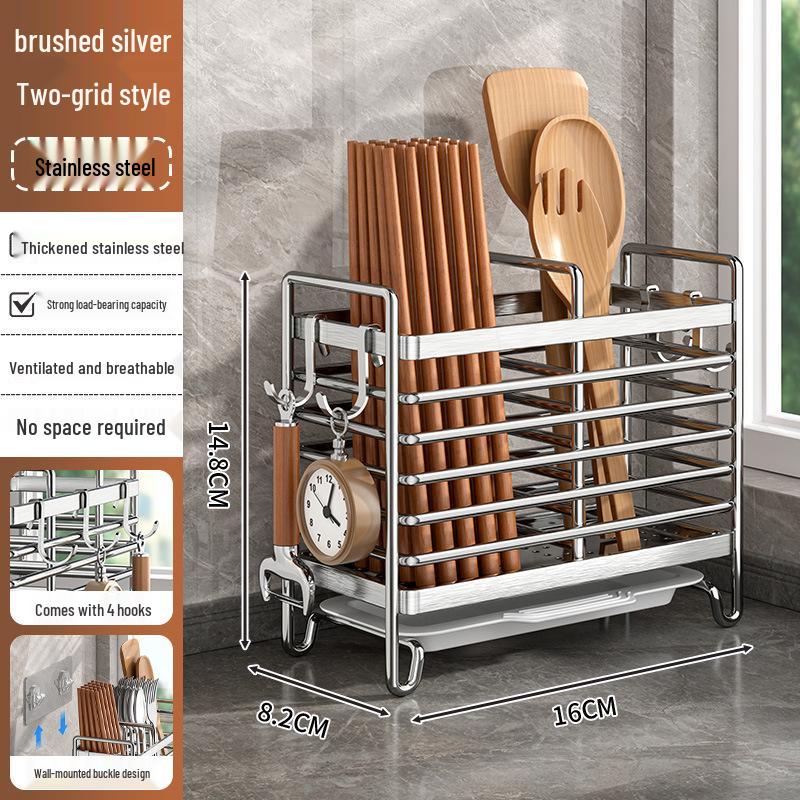 Wall-Mounted Stainless Steel Utensil Holder: Chopstick, Knife & Spoon Storage Rack