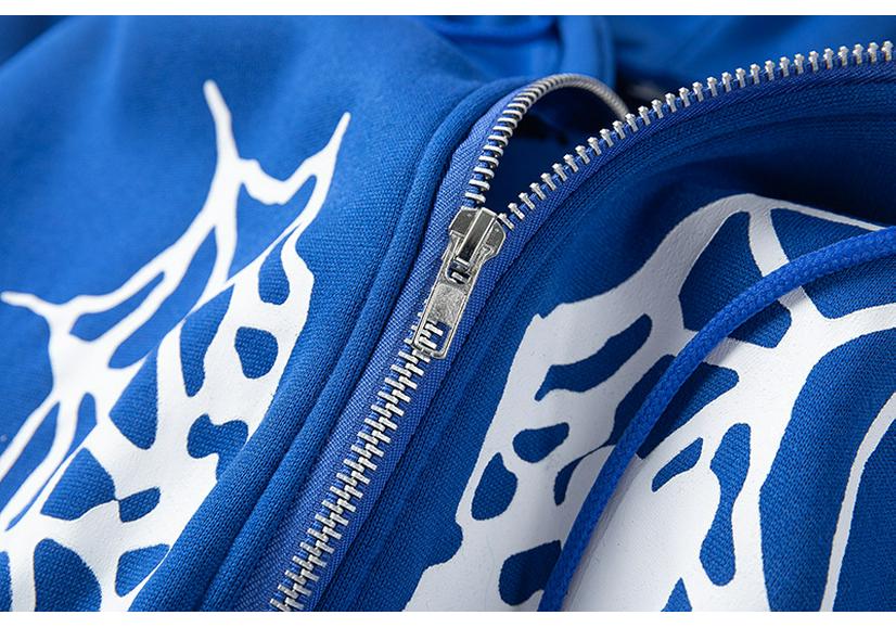 Cross-border Spider Web Heart Print Fleece-Lined Hooded Cardigan