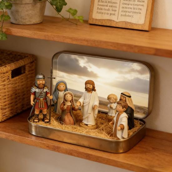 Kleiner Jesus in Blechdose Miniatur Jesus Kreuzigung Auferstehungsszene Ornament Tasche Jesus Figuren Set Religiöse Heim- und Büro-Schreibtischdekoration