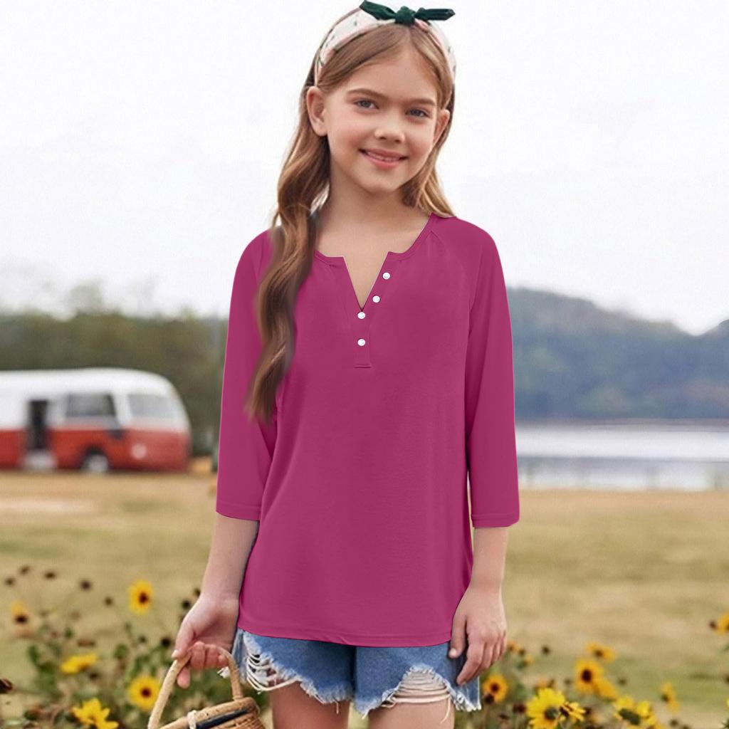 Print Tops For Youth Girls Round Neck 3/4 Sleeves T-Shirts Trendy Tops Outfit Tees