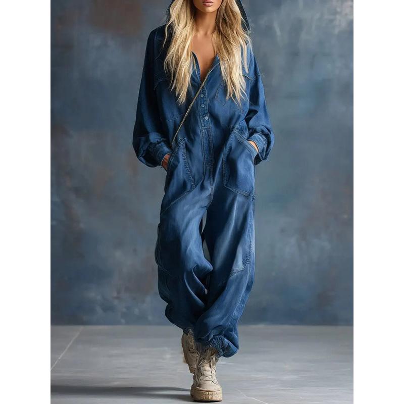 2026 Europäischer Damen-Denim-Print-Overall mit großen Taschen, langen Ärmeln und langen Hosen