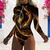 Women Plus Size High Neck Long Sleeve One Piece Swimsuit Front Zip Galaxy Print Black Teal Gold