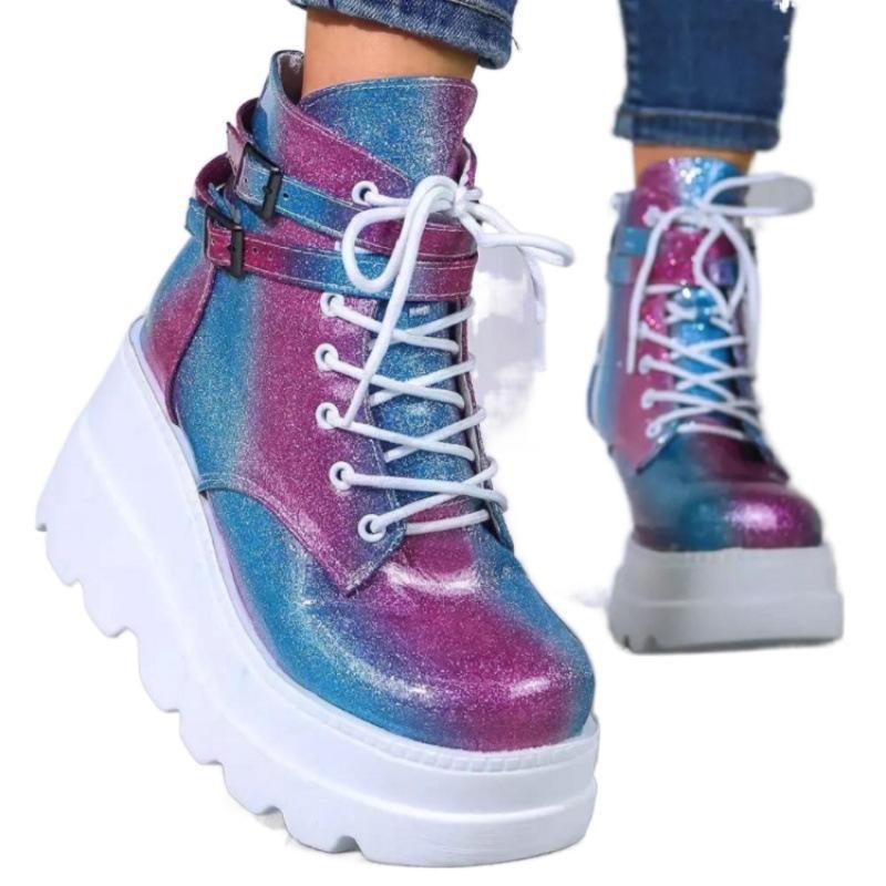 2026 New Spring Autumn Fashion Platform Wedge Boots Ankle Women Punk Style Round Toe Cross Tied Women's Boots Botines De Muj