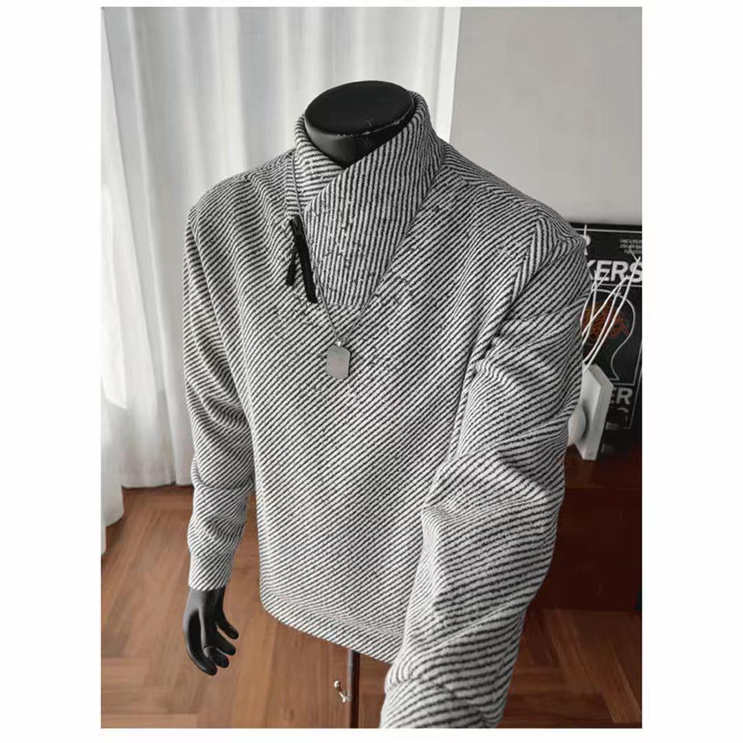 Men s White Chenille High Neck Sweatshirt with Diagonal Zipper, Winter-Ready Plus Velvet Heavyweight Long Sleeve Base Layer L