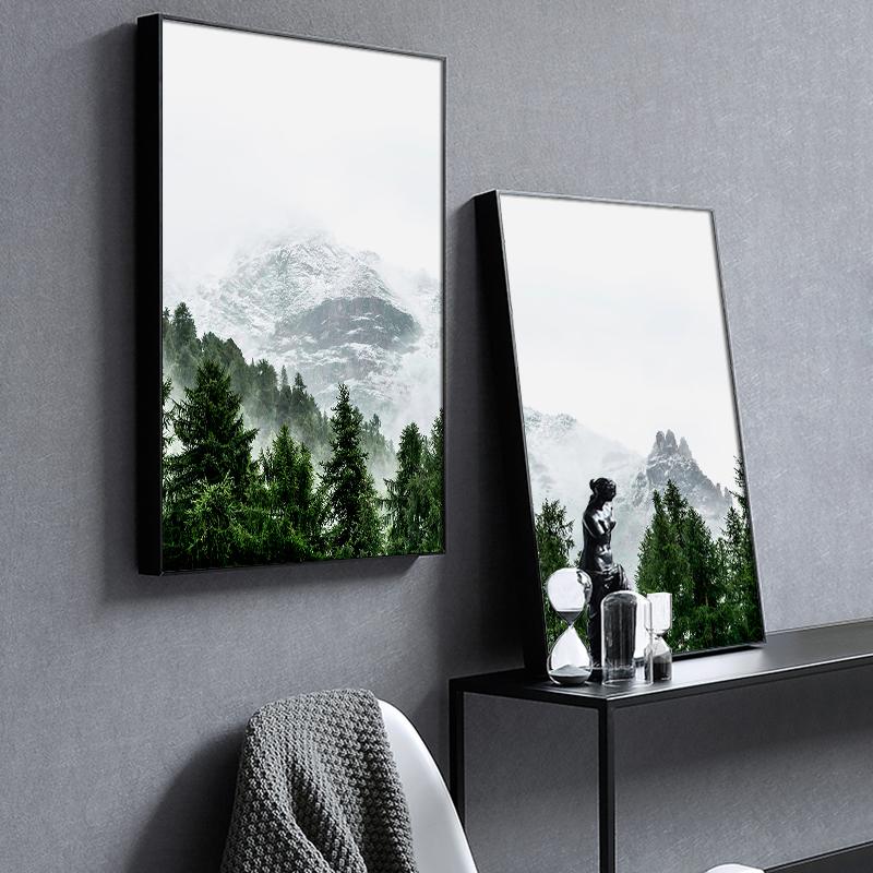 Green Forest Poster Snow Mountain Picture Art Nature Landscape Wall Painting Nordic Style Canvas Print Artwork Home Decoration