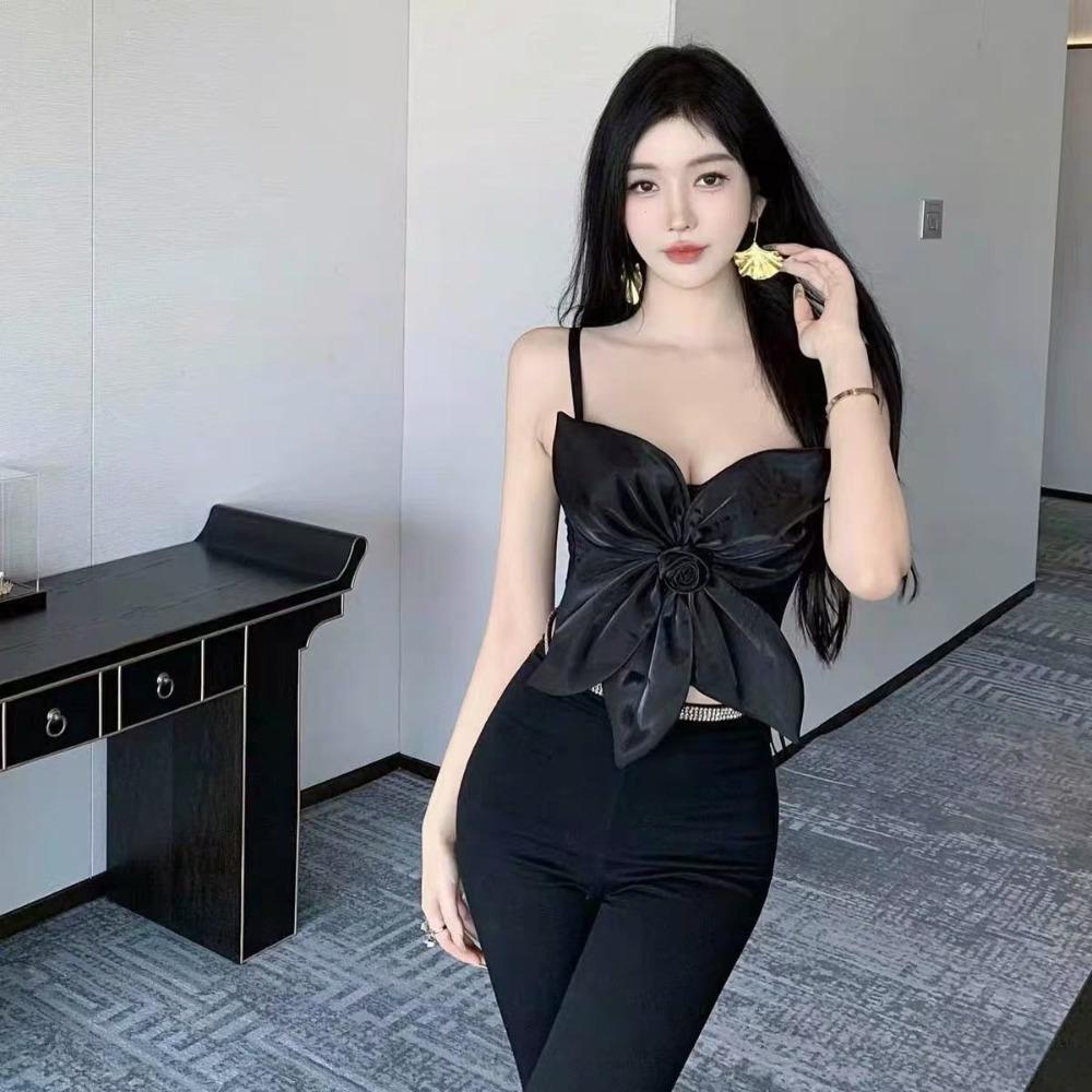 Slim Fit Rose Flower Camisole 3D Rose Flower Decoration Crop Tops Socialite Style Corset  Travel