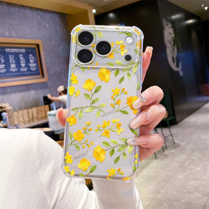Creative Isn't the Yellow Flower Apple 14Pro Mobile Phone Case Four Corners Anti-drop Transparent iPhone17 Ultra-thin Protective Case
