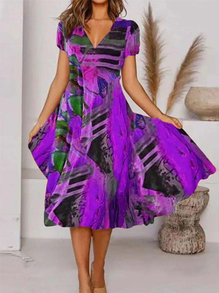 Long dress casual V-neck pendulum bohemian short-sleeved dress