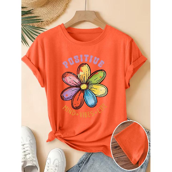 Women's Elegant Short-Sleeve Gift with Rainbow Daisy Positive Energy Quote Print Pattern and Vintage Round Neck T Fresh and Natural Style
