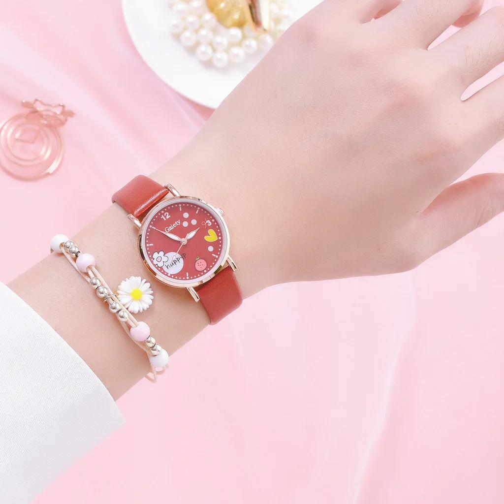 Kids Watches Pink Cute Children's Wristwatch Cartoon Pattern Quartz Watch Set for Girls Fashion Students' Clock Relogio Infantil