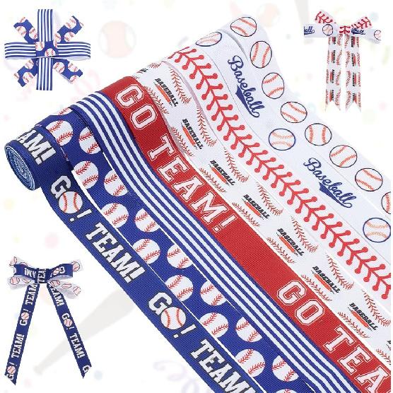 PH PandaHall 8 Rolls Baseball Ribbons 20 Yards Sports Ball Printed Ribbon White Blue Red Grosgrain Baseball Ribbon Craft Fabric Ribbons for Sports