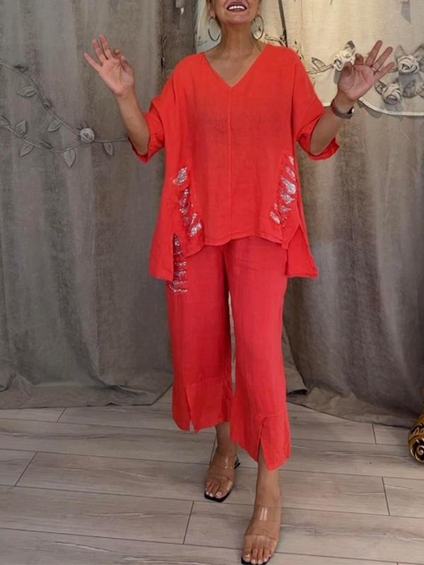 

Women s V-Neck Loose Short Sleeve Top with Silver Sequins & Asymmetrical Hem, Plus Matching Cropped Pants with Side Sequins and Split Hem S червоний