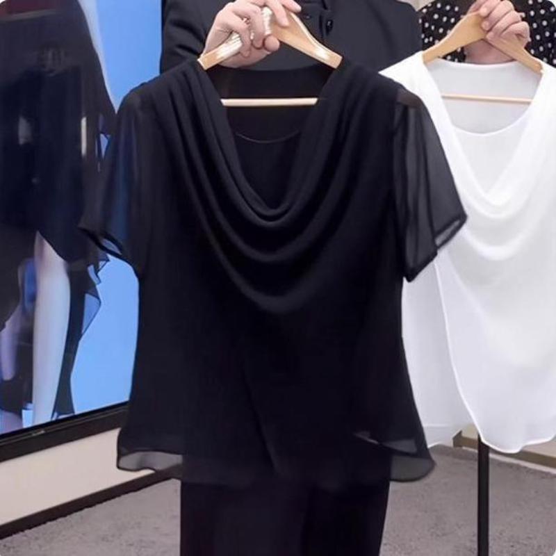 Women's Chiffon Cowl Neck Short Sleeve Blouse Loose Elegant Casual Top
