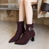 Korean version pointed thick heel belt decorative elastic thin boots large size autumn new black high heel suede short boots