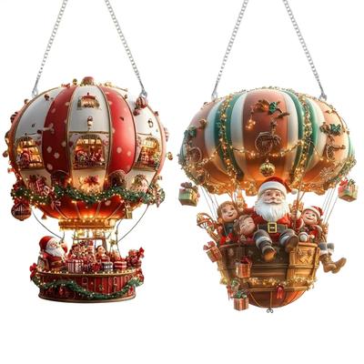 2D Acrylic Christmas Ornament Santa Hot Air Balloon Design Wall Hanging Decor for Garden Yard Indoor Christmas Decoration Gifts