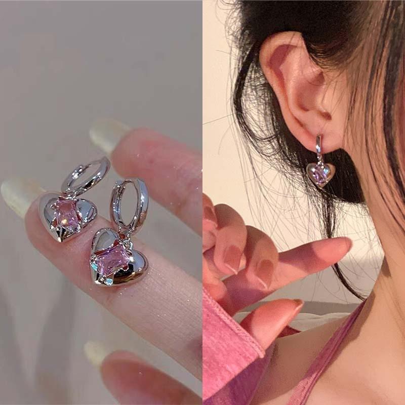 New Fashion Y2K Pink Peach Heart Drop Pendant Earrings Women Girl Sweet Crystal Dangle Earrings Luxury Banquet Jewelry Gift