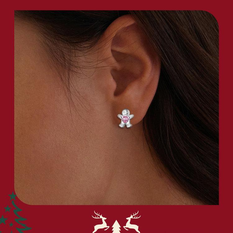 Yinziyun Gingerbread Man and Pink Heart Zircon S925 Sterling Silver Stud Earrings for Women