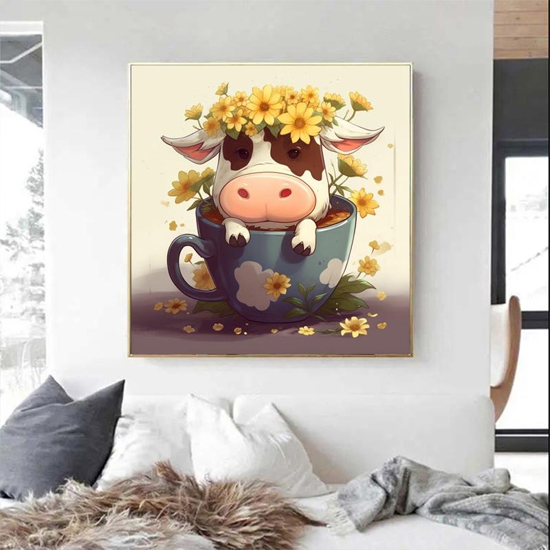 5d DIY Diamond Painting Cross Stitch Cartoon Animal Teacup Cow Diamond Embroidery Mosaic Full Round Drill Home Decor Arts