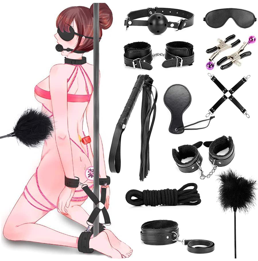 Ninonly SM Goods SM Set Restraints 11 Piece Set SM Play Collar Handcuffs Leg Shackles Gag Eye Mask Adjustable Rut Relief Unisex (Black)