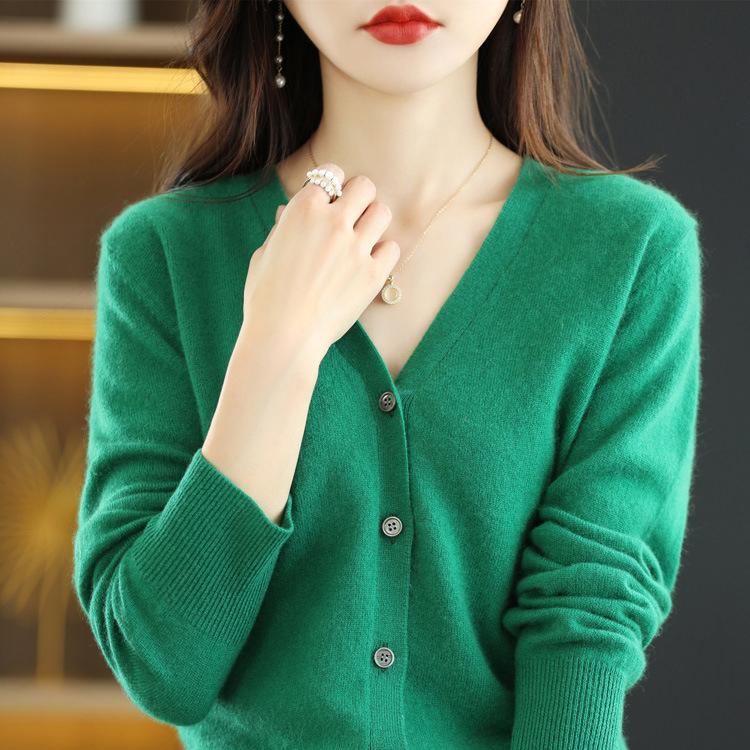 Palton cardigan tricotat din lână, cu decolteu în V, de toamnă și iarnă, de culoare solidă