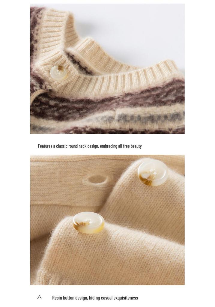Women's Fair Isle Cashmere Button-Up Cardigan - Round Neck, Loose Fit, Thick, Autumn/Winter Style.