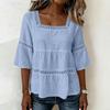 Women Lace Trim Waist Shirt Square Neck Tie Top Casual 3/4 Sleeve Blouse Lightweight Breathable Fabric Relaxed Fit