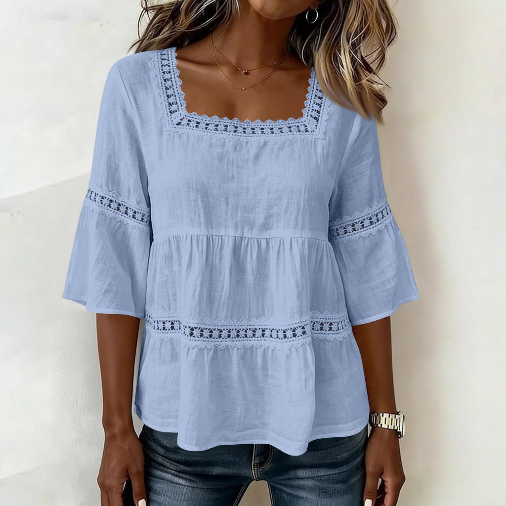 Women Lace Trim Waist Shirt Square Neck Tie Top Casual 3/4 Sleeve Blouse Lightweight Breathable Fabric Relaxed Fit