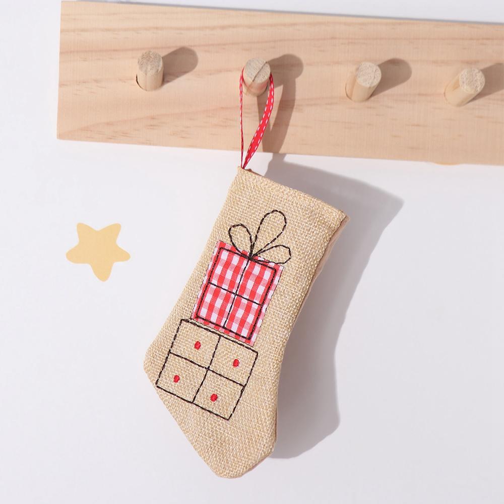Linen Burlap Embroidery Christmas Stocking Decorative Hanging Christmas Gift Bag Small Reusable Christmas Decoration Theme Party