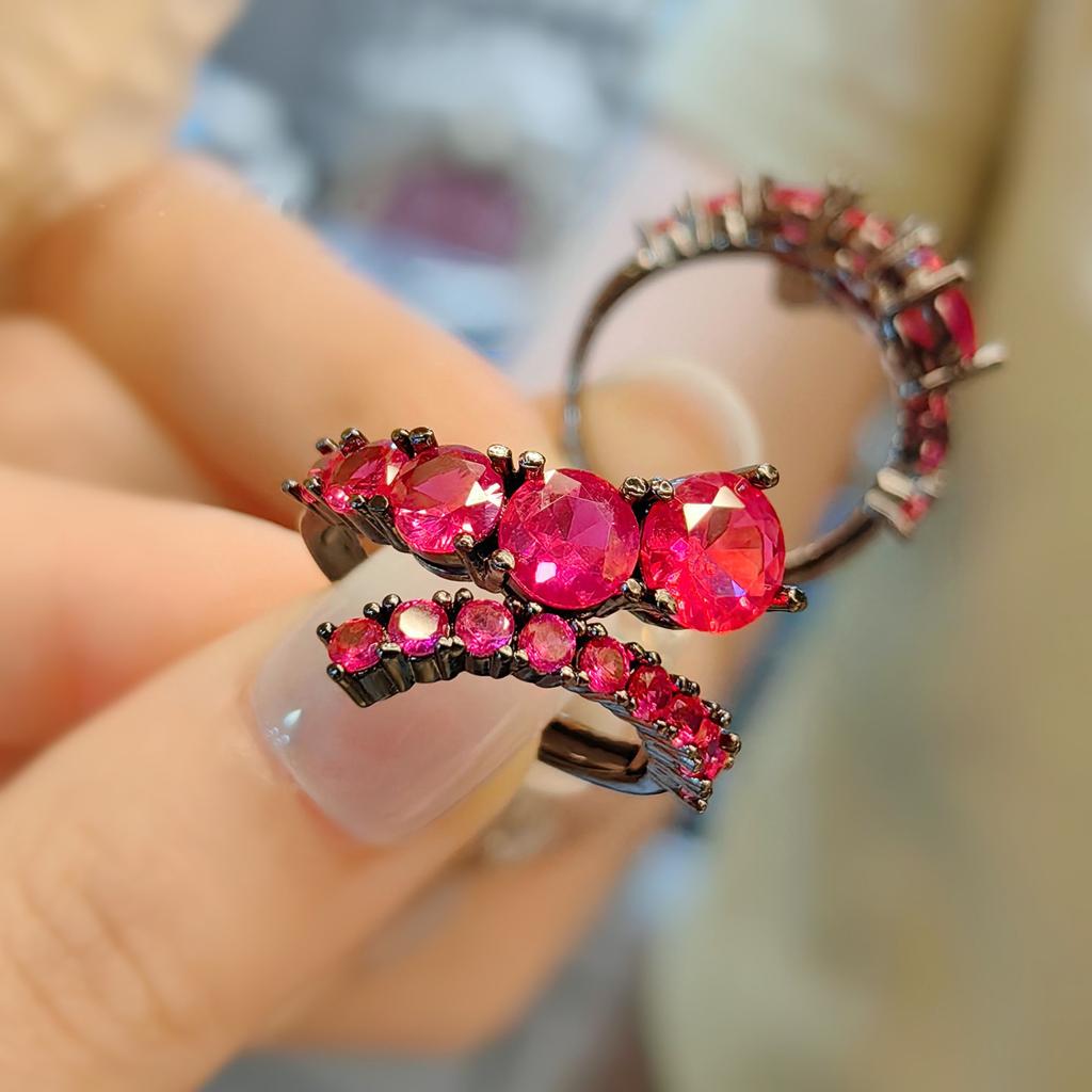 Ring Interactive Row Diamond Imitation Red Corundum Ring Female Creative Black Gold Plated Spinel Blue Stacked Wearing Ring