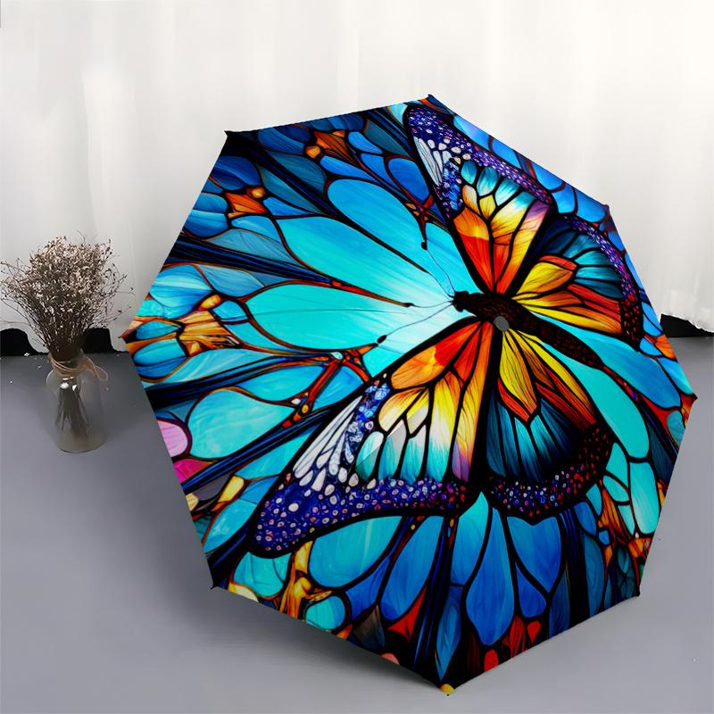 Kolorowa witrażowa motylkowa parasolka, Przenośna, kompaktowa, 3-składana parasolka dla mężczyzn i kobiet, S283