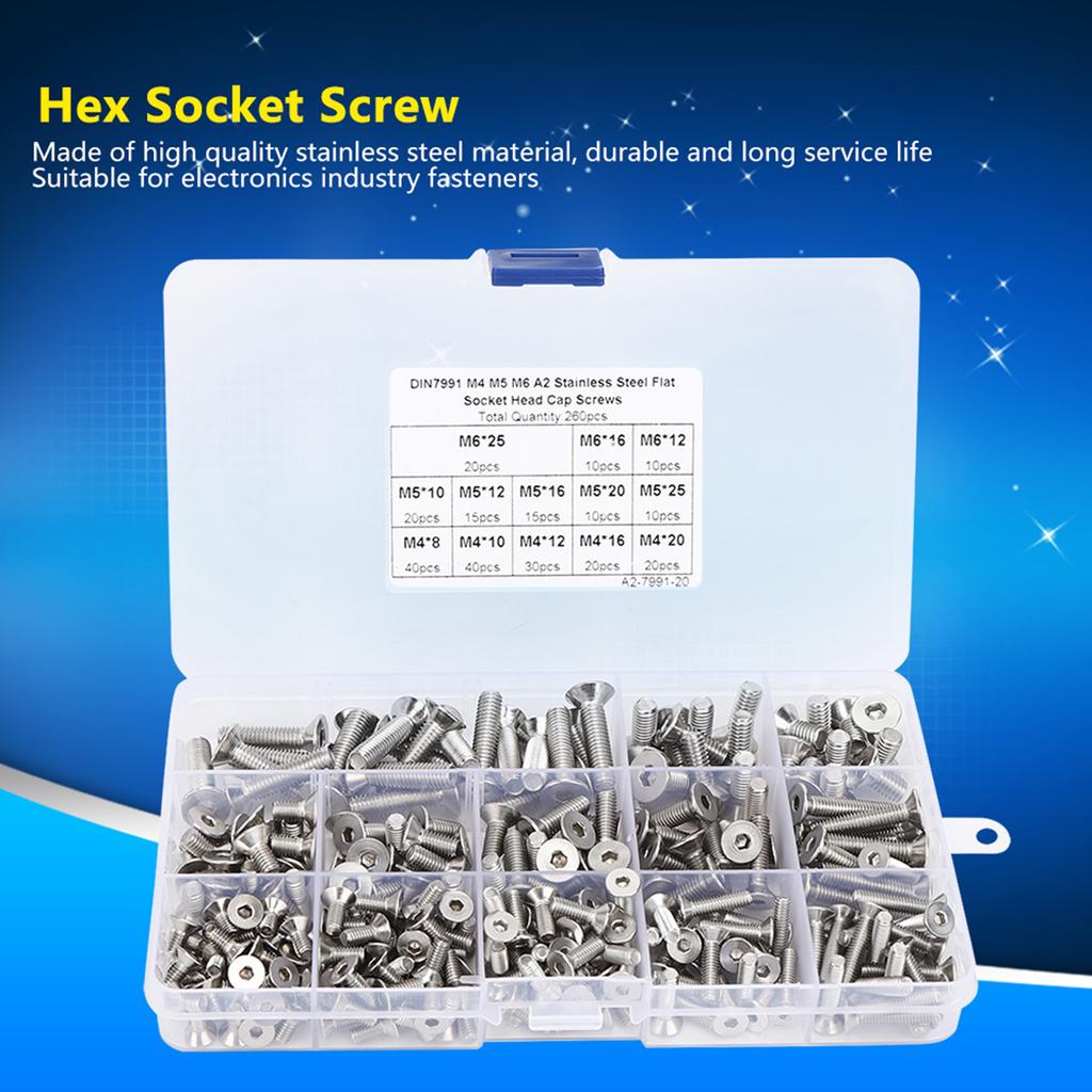 260Pcs Flat Screw Set M4/M5/M6 Hex Socket Screw Stainless Steel 304 for Electronics Industry Countersunk Screw