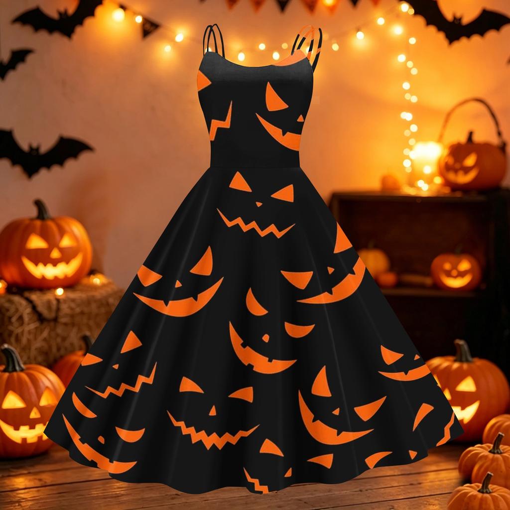 Women Halloween Printed Off Shoulder Punk Vintage Dress Sleeveless Spaghetti Strap A-Line Midi Dress