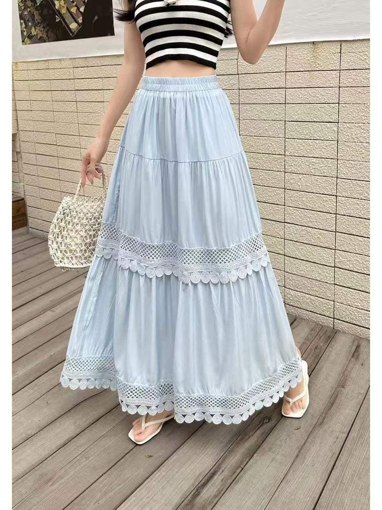 French Lace Patchwork A-line Elastic Waist Skirt