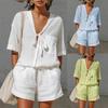 2026 Summer Solid Color Women's Casual Tie-Up Cardigan Shirt & Loose Shorts Set