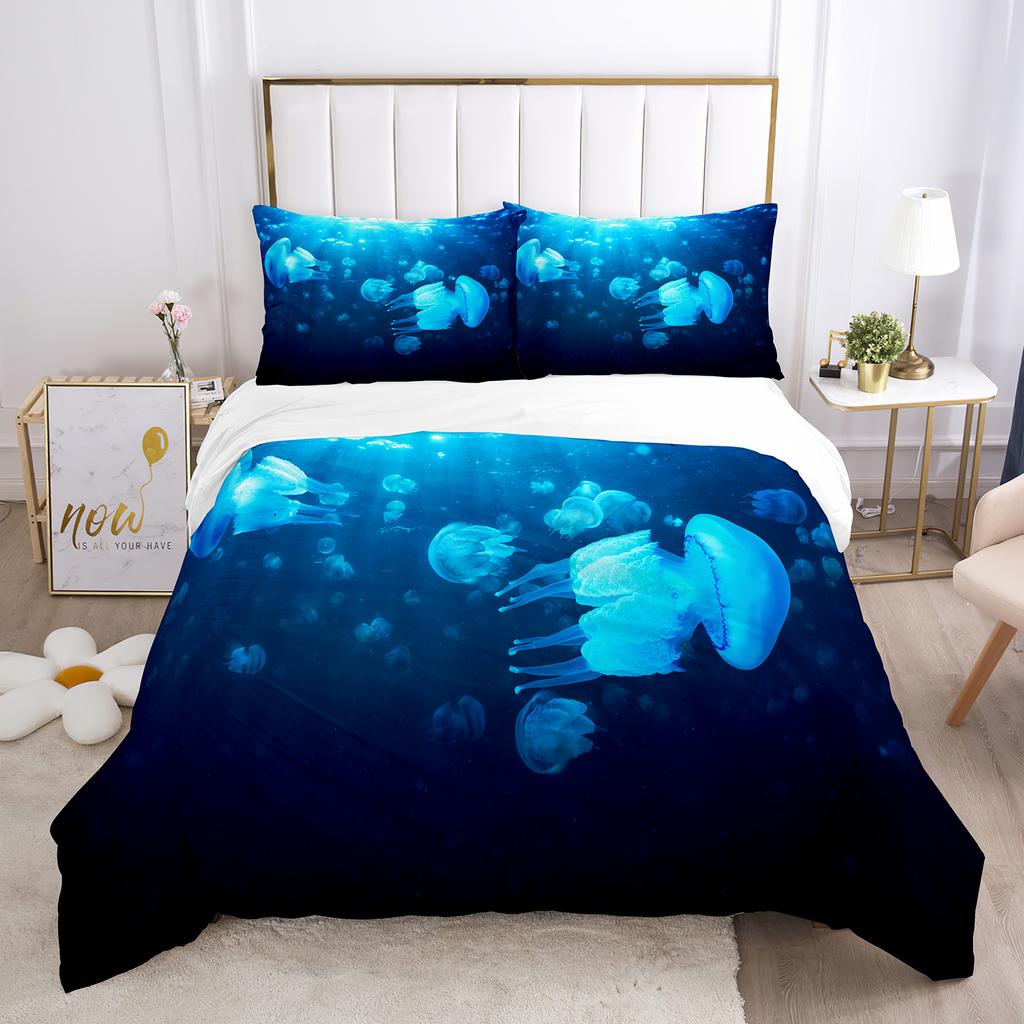 Jellyfish Duvet Cover Set Blue Sea Wild Animals Theme King Queen Size for Kids Teens Adult Polyester Bedding Set with Pillowcase