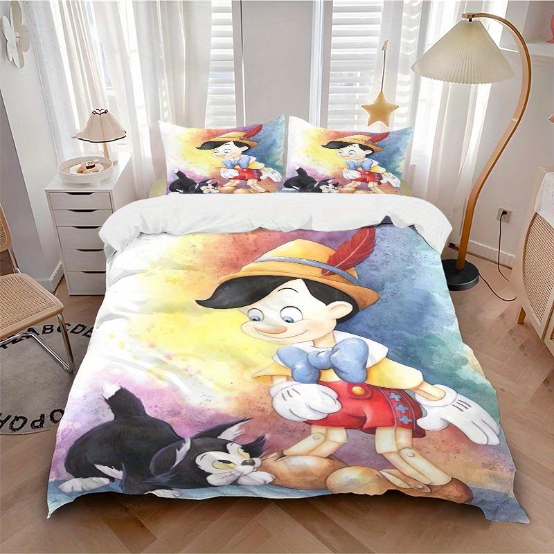 3-teiliges Bettwäscheset mit Pinocchio und Kätzchen-Aufdruck, Weiche und bequeme Bettbezüge für Schlafzimmer, Gästezimmer S078