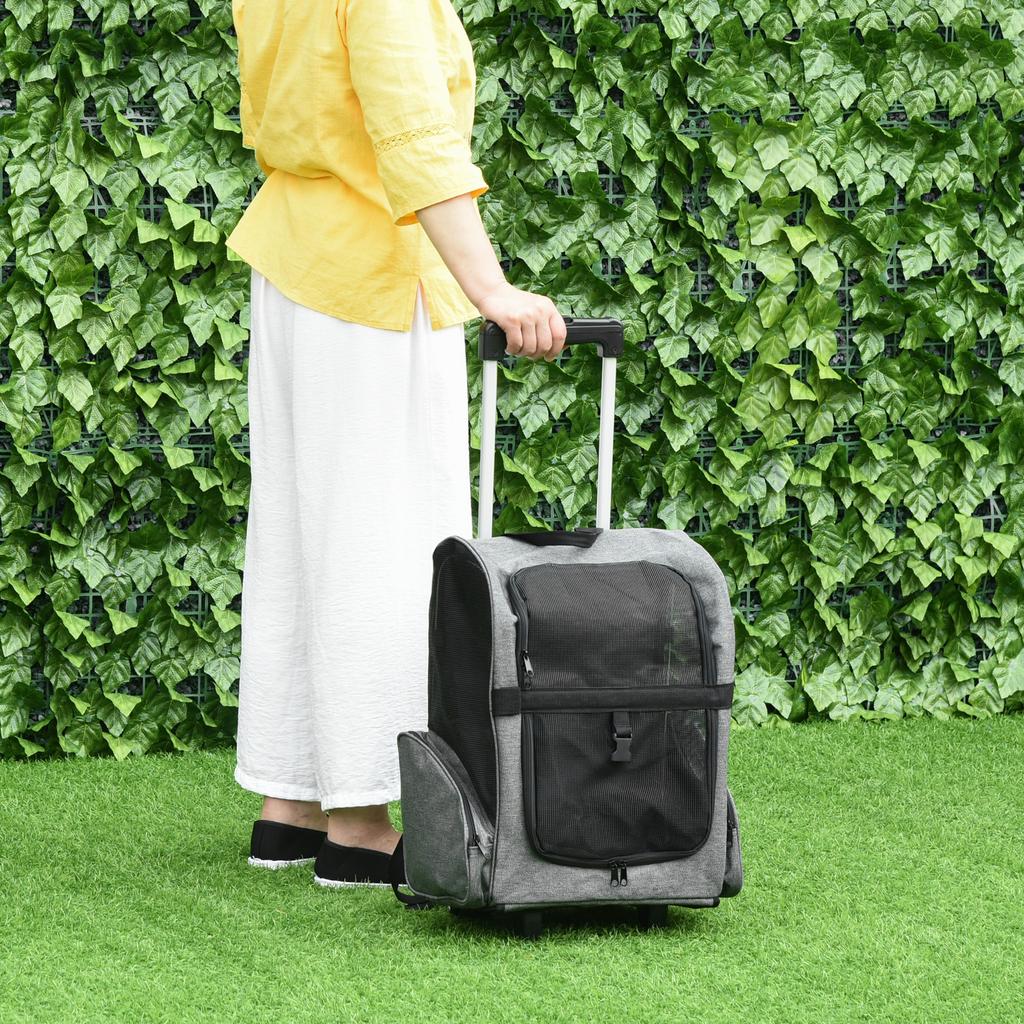 2-in-1 Pet Carrier Backpack for Dogs and Cats with Side Pockets, Telescopic Handle and Wheels, 42x25x55cm, Grey