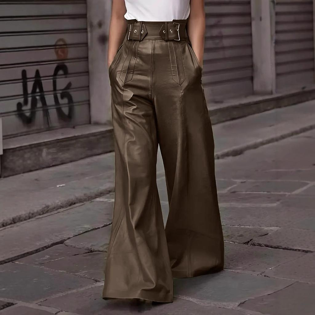 Women Fashion Faux Leather High Waist Wide Leg Loose Pants Sashes Zipper 2025 Spring Party Casual Street PU Trousers