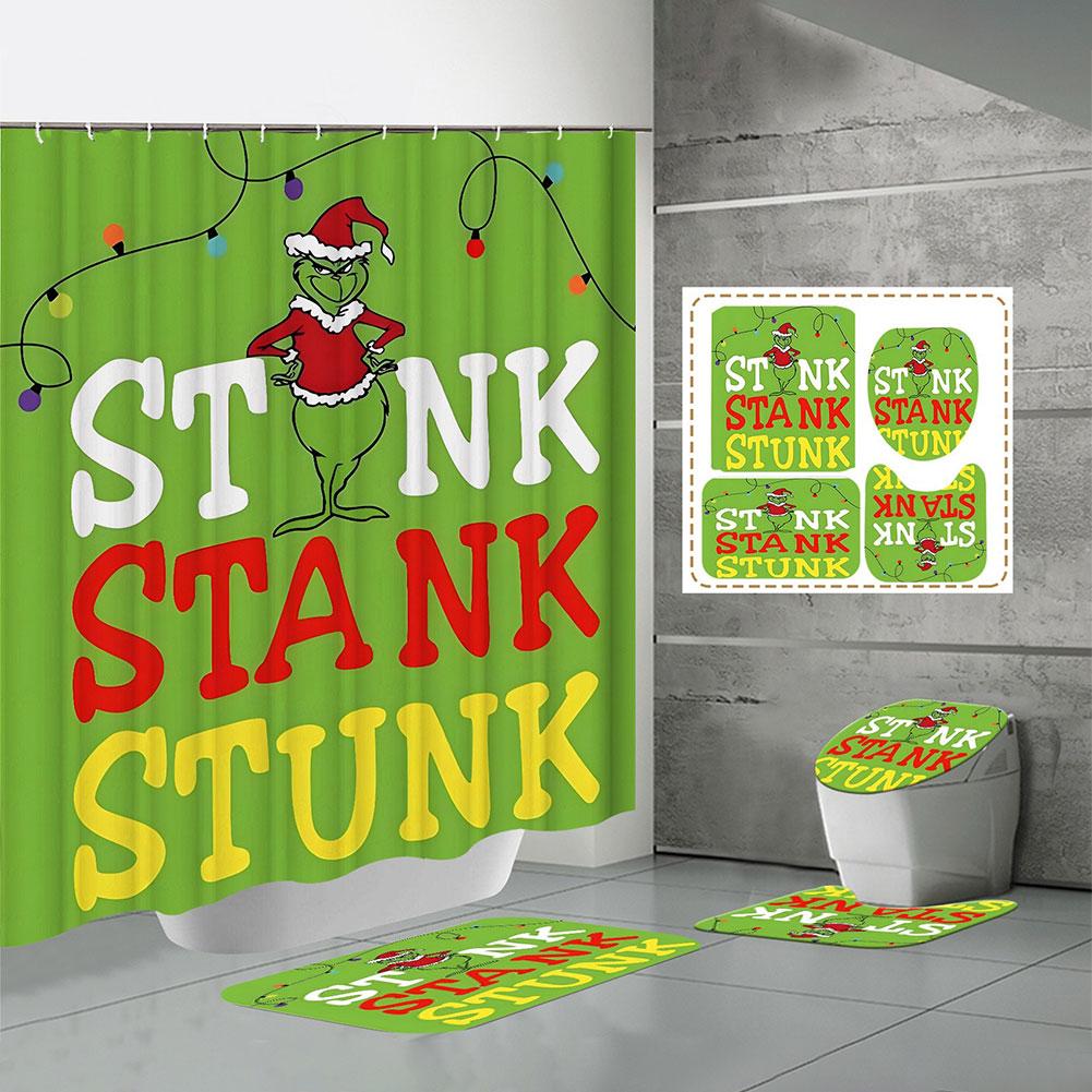 Christmas Snowman Shower Curtains Green W/Non-Slip Rugs Toilet Lid Cover Bath Mat Shower Curtain Set Home Bathroom Curtain Decor