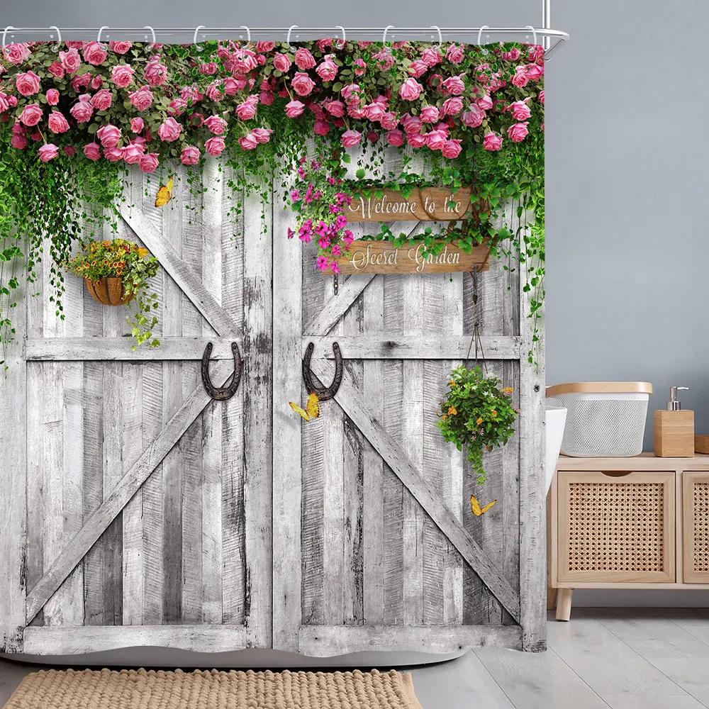 Vintage Wooden Door Shower Curtain Rustic Door Window Wheel Botanical Barn Polyester Shower Curtains Bathroom Decor with Hooks