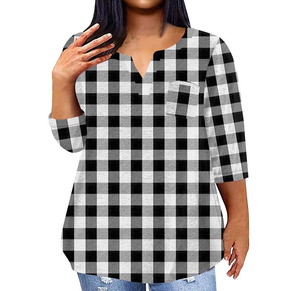 Women's Fashionable Casual Three Quarter Sleeve Printed V Neck Pullover 4/3 Sleeve Top