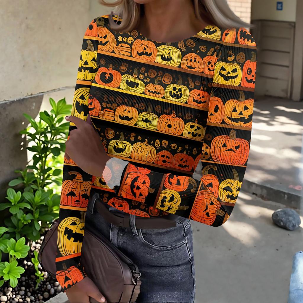 Women's Casual Long Sleeve Ribbed Top Halloween Print Round Neck Stretchy Slim Fit Pullover Shirt for Fall and Winter