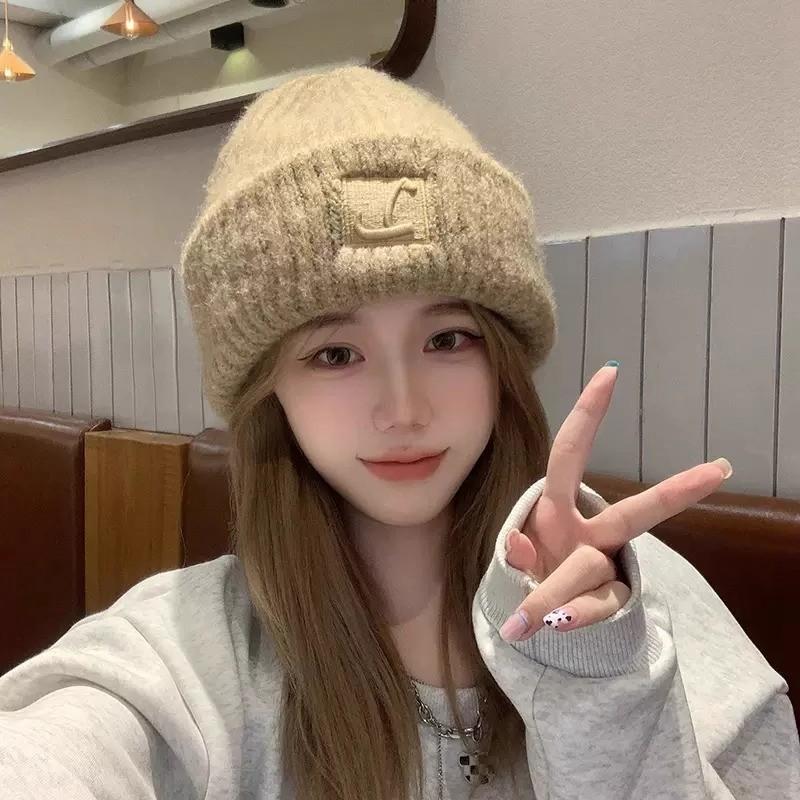 Big head circumference thick wool hat women's autumn and winter loose warm pile cold hat big face small knitted ear hat