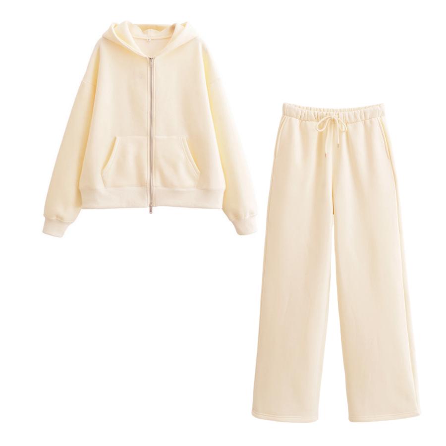 2025 Spring Women's Casual Zipper Sweatshirt Jacket & Flannel Straight-Leg Pants Set