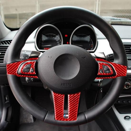 5Pcs Red Carbon Fiber Steering Wheel Kit Cover Trim For BMW Z4 E85 2003-2008