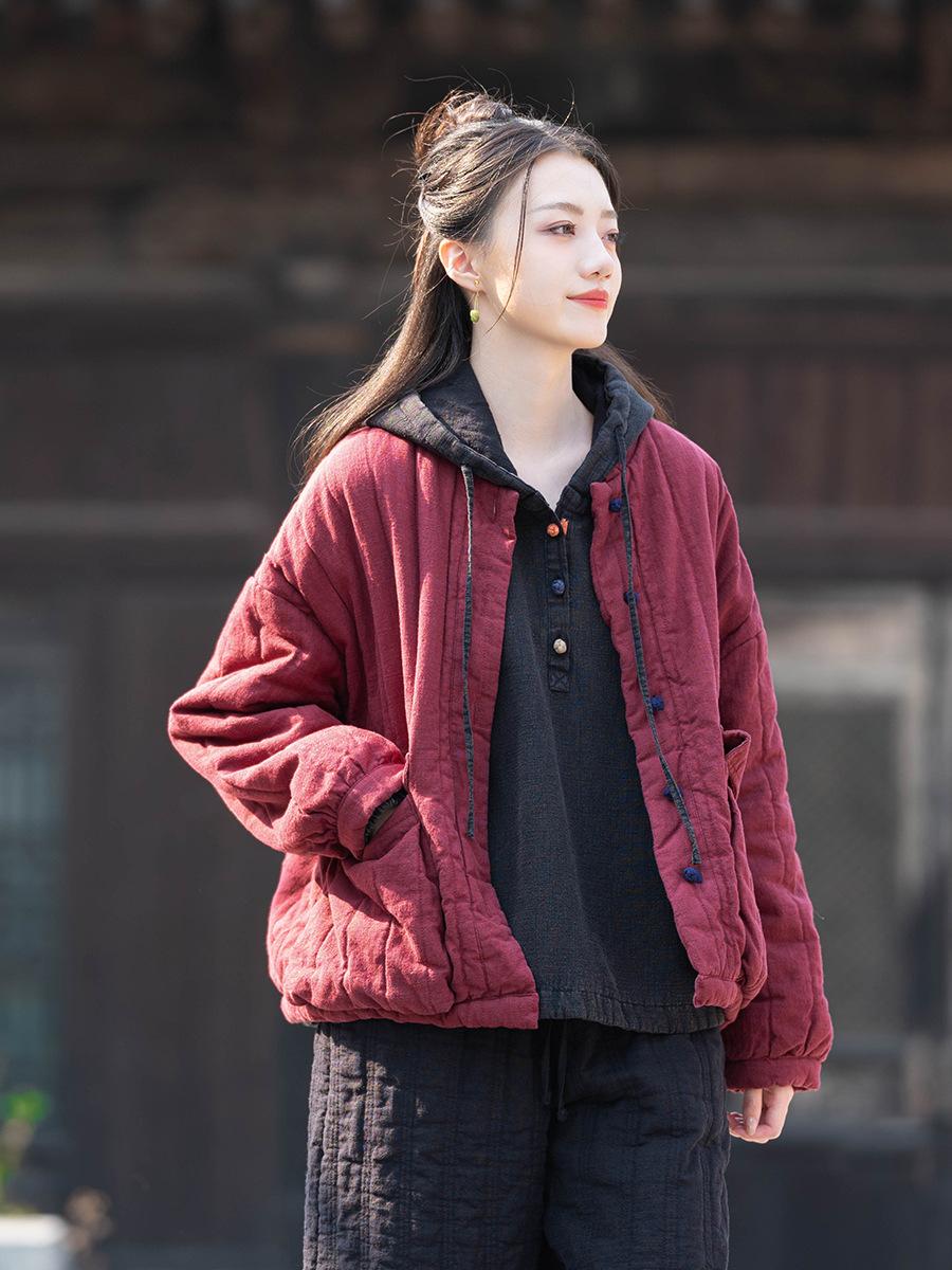 

Johnature Женские Винтажные Пальто Стойка Однотонные Длинный Рукав Пэчворк Карманы Зимние Свободные One Size